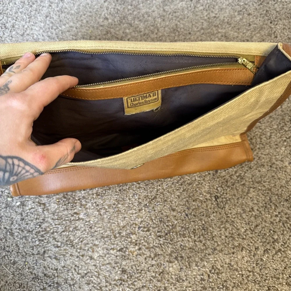 Vintage Charles Revson Attache Briefcase by Ultima II Beige‎ Brown Woven Canvas
